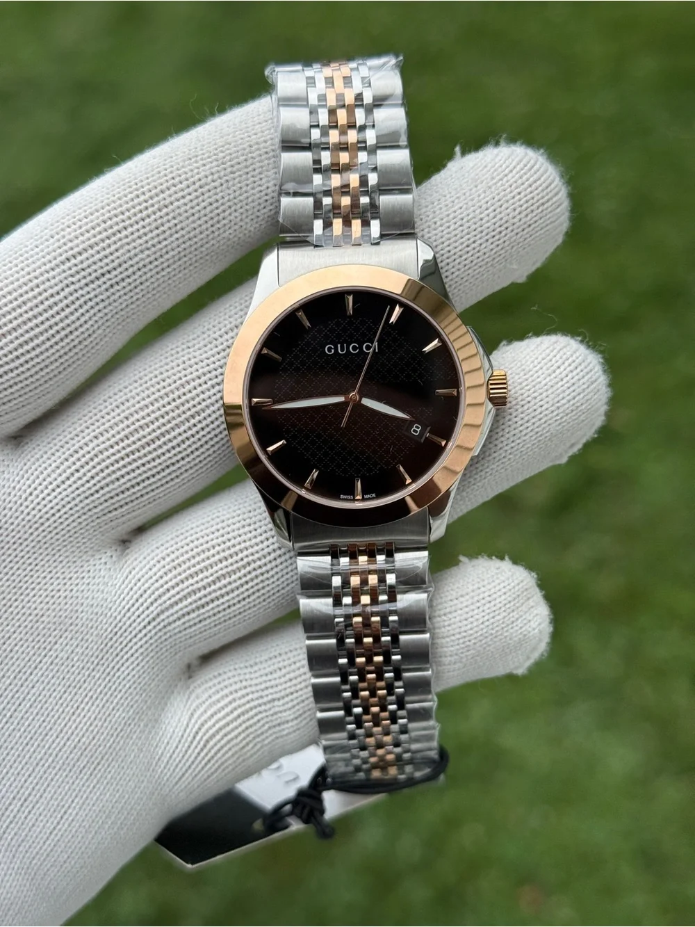 Gucci G TIME Two-Tone Silver and Rose Gold Watch with Black Dial unisex